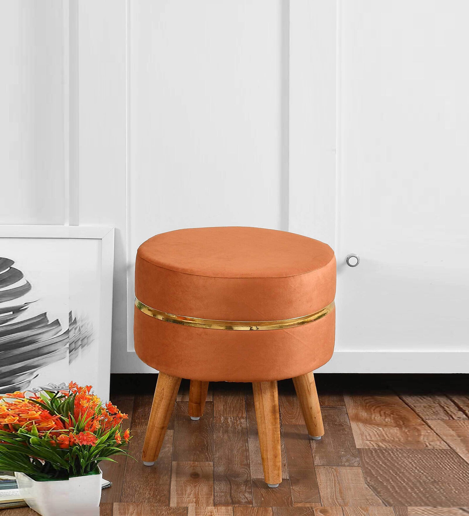 Lotus Velvet Seating Stool in Orange Colour