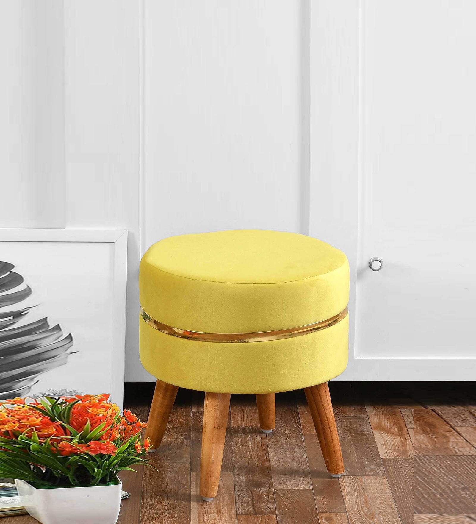 Lotus Velvet Seating Stool in Yellow Colour Lotus Velvet Seating Stool in Yellow Colour