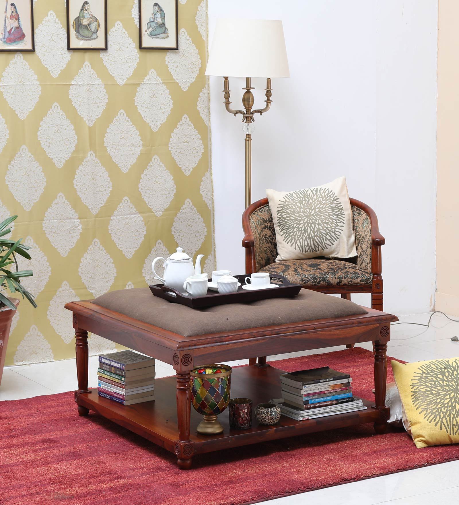 Buy Louis Upholstered Sheesham Wood Coffee Table in Honey Oak Finish at