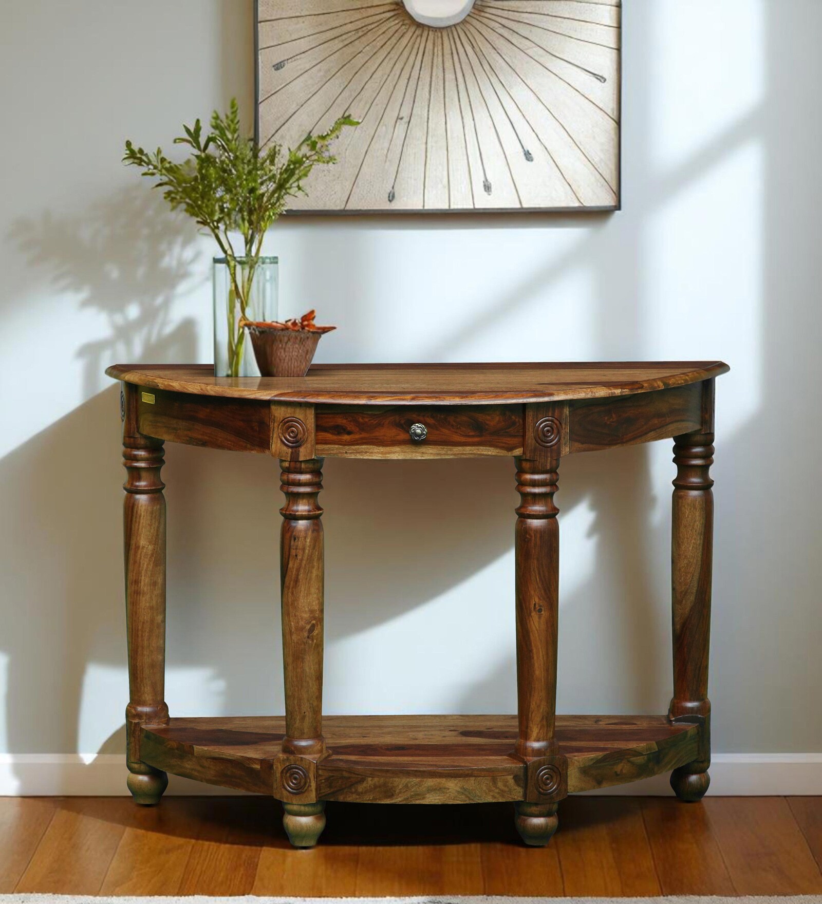 Louis Sheesham Wood Console Table In Rustic Teak Finish