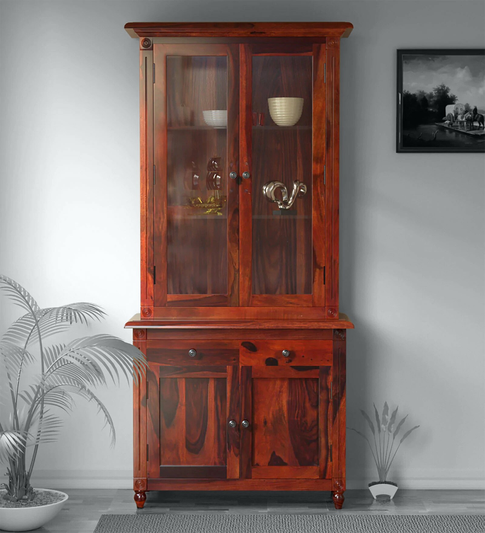 Louis Sheesham Wood Hutch Cabinet in Honey Oak Finish