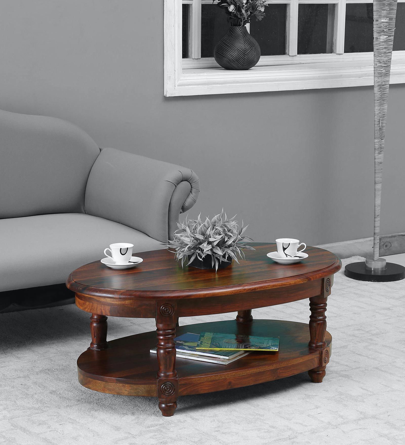 Buy Louis Solid Wood Oval Coffee Table In Honey Oak Finish By