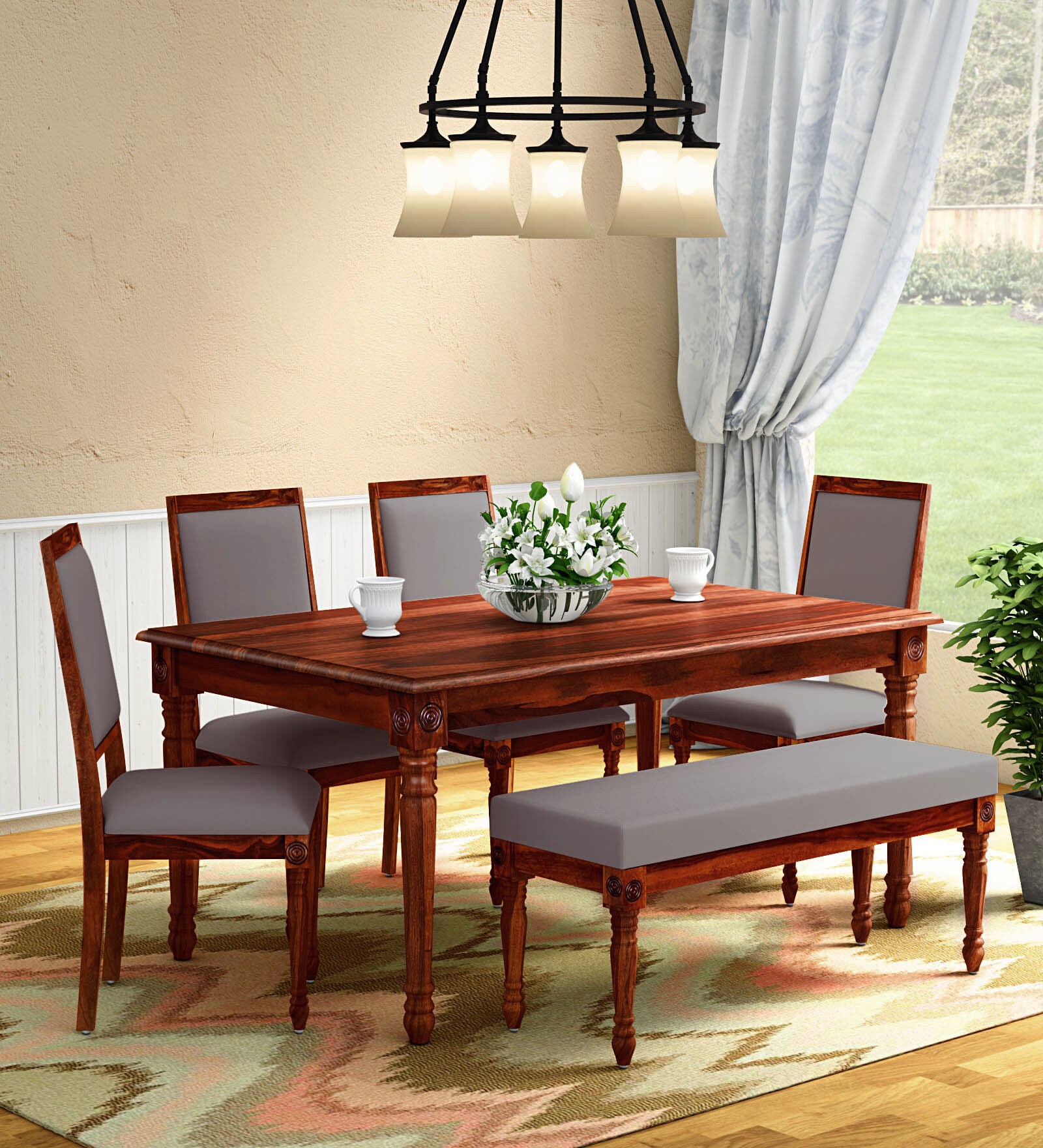 Buy Louis Sheesham Wood 6 Seater Dining Set with Bench in Honey Oak ...
