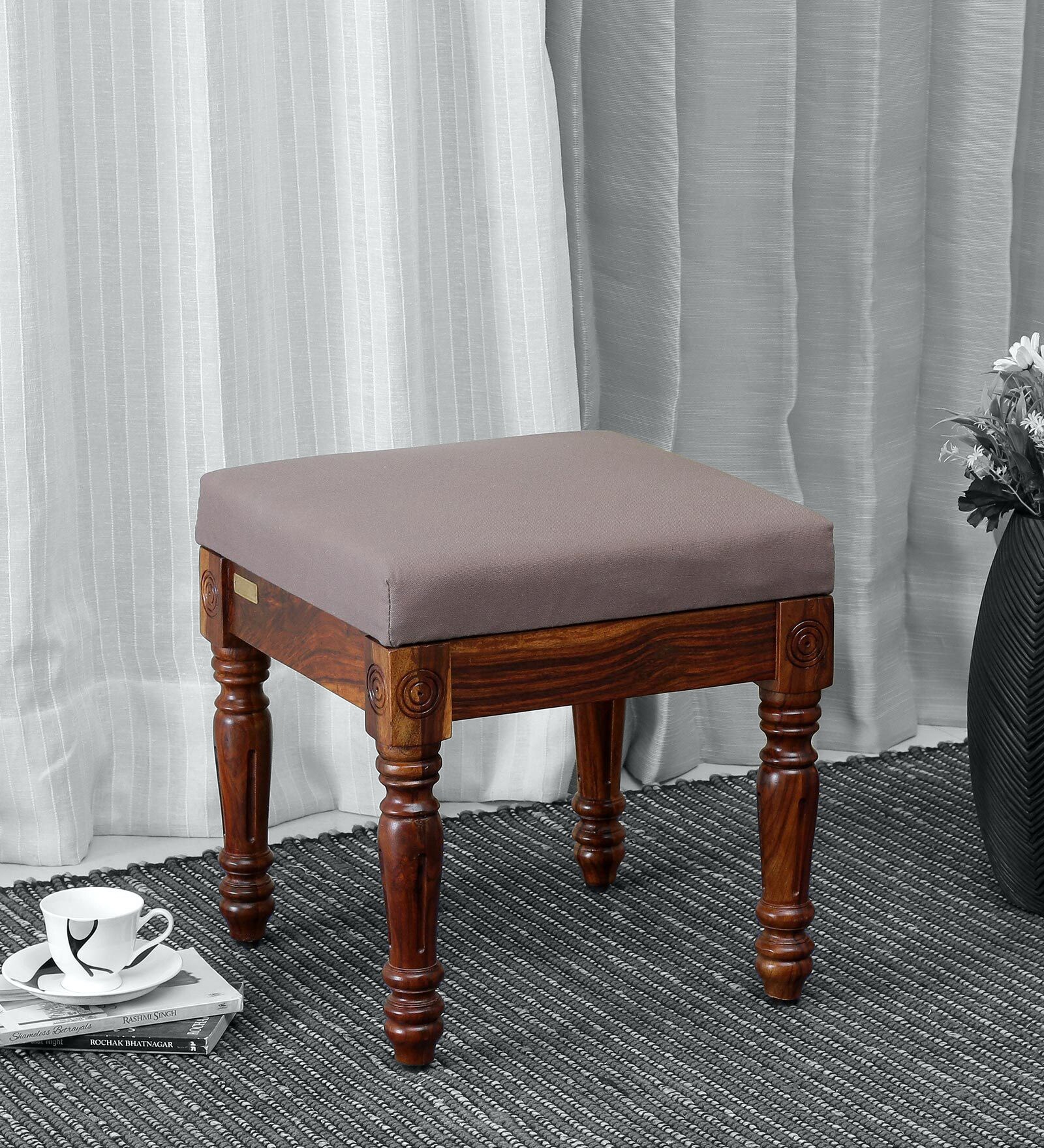 Louis Sheesham Wood Upholstered Stool In Honey Oak Finish