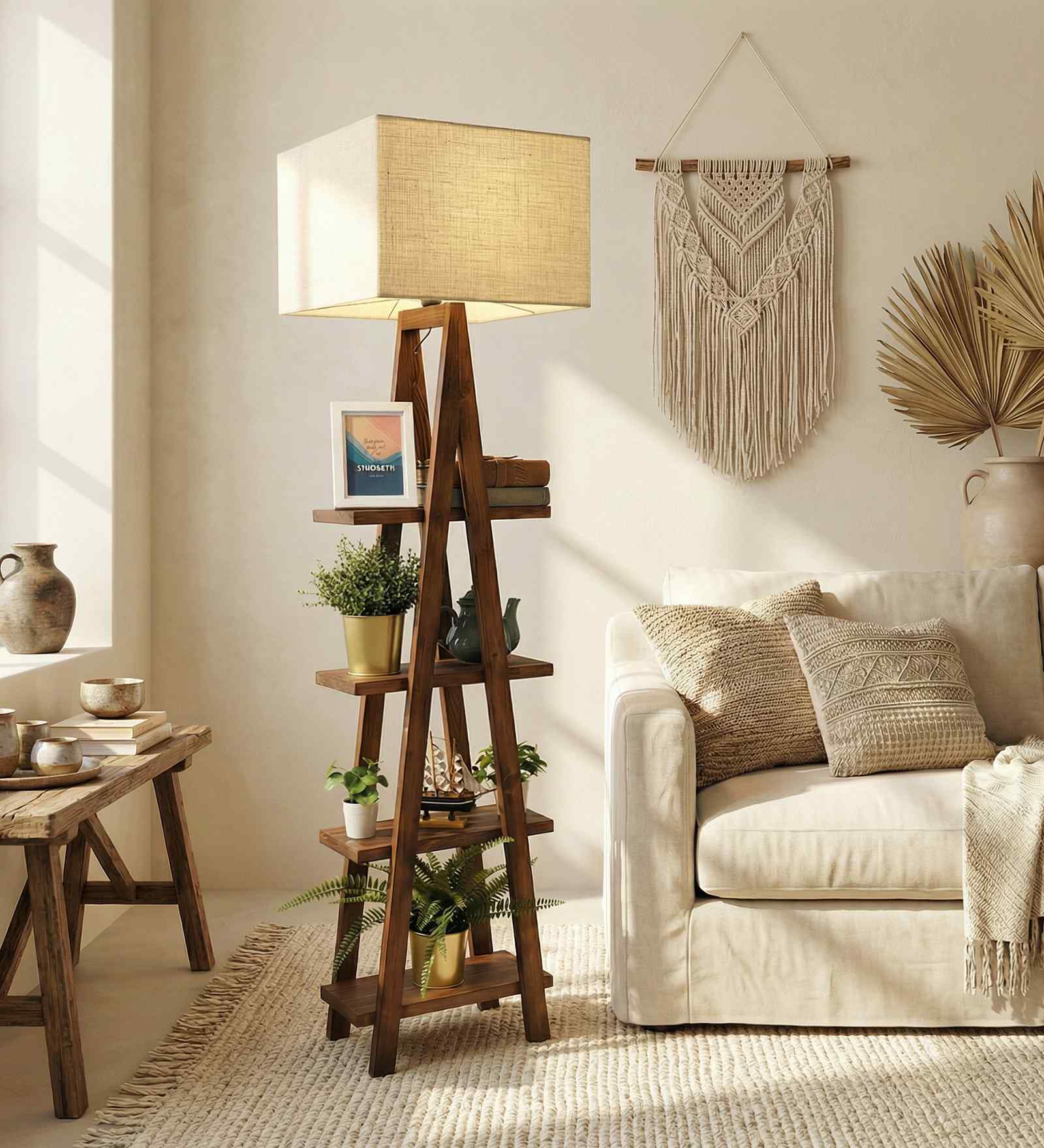 Louise Wooden Shelf Floor Lamp with Wooden Shade & Brown Base