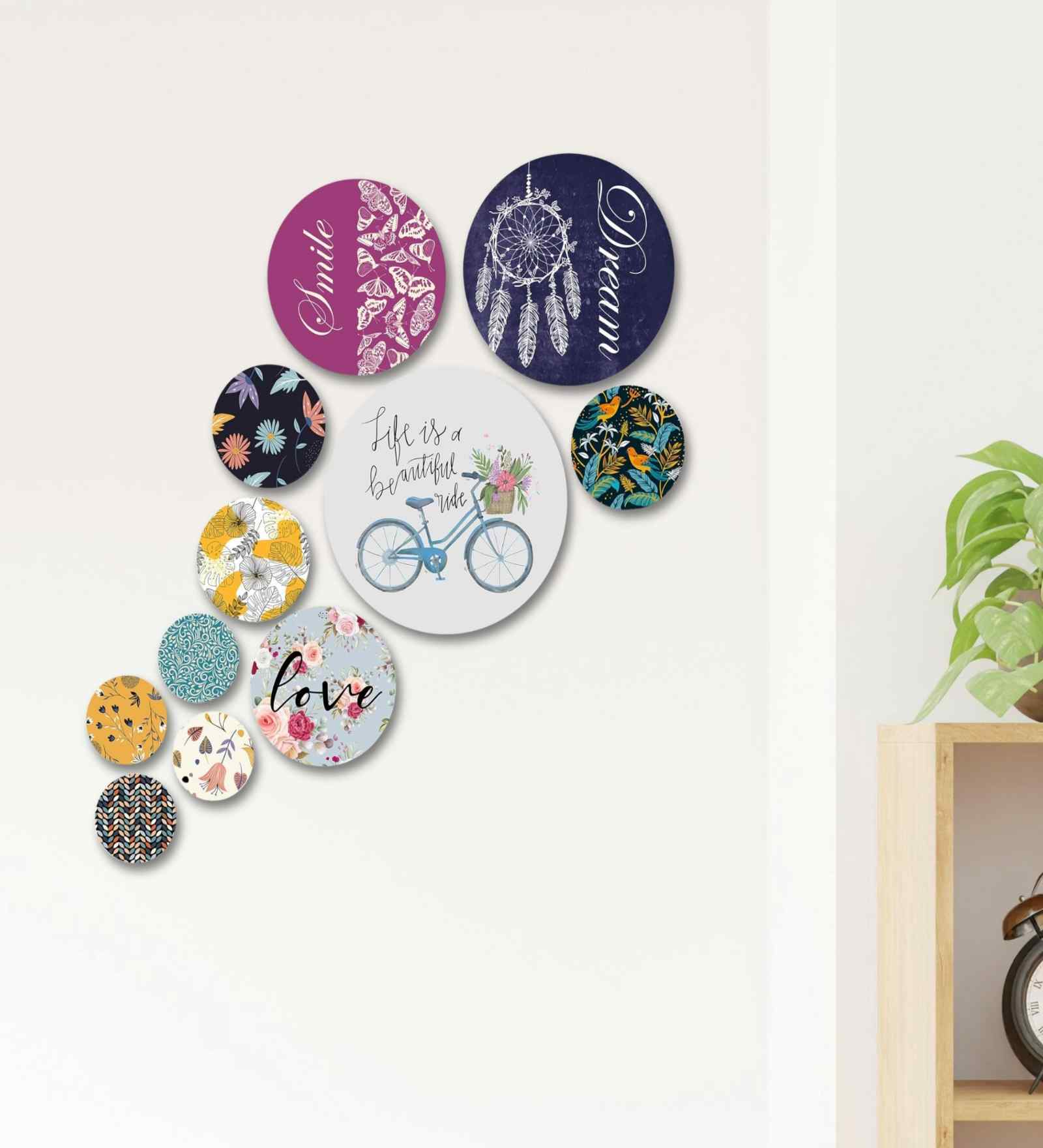 Love Smile Dream Floral Wooden Wall Hanging Home Decor Items (Set of 11)