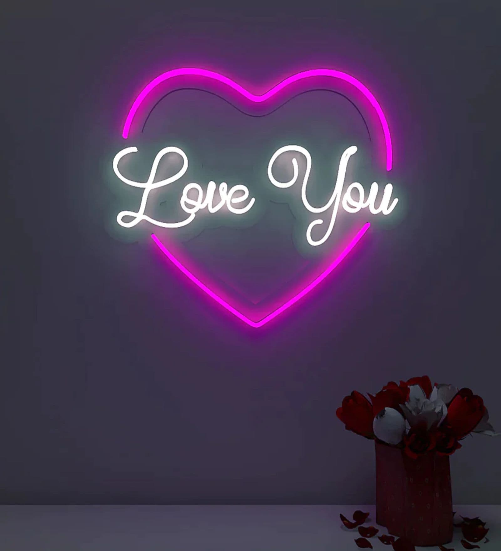 Love You Text in Heart Design Neon LED Light- Red