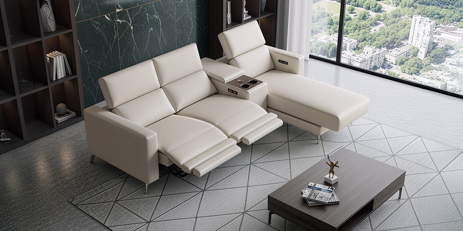 Loures Luxe Two Leatherette Seater Recliner with Lounger in Cream Clour
