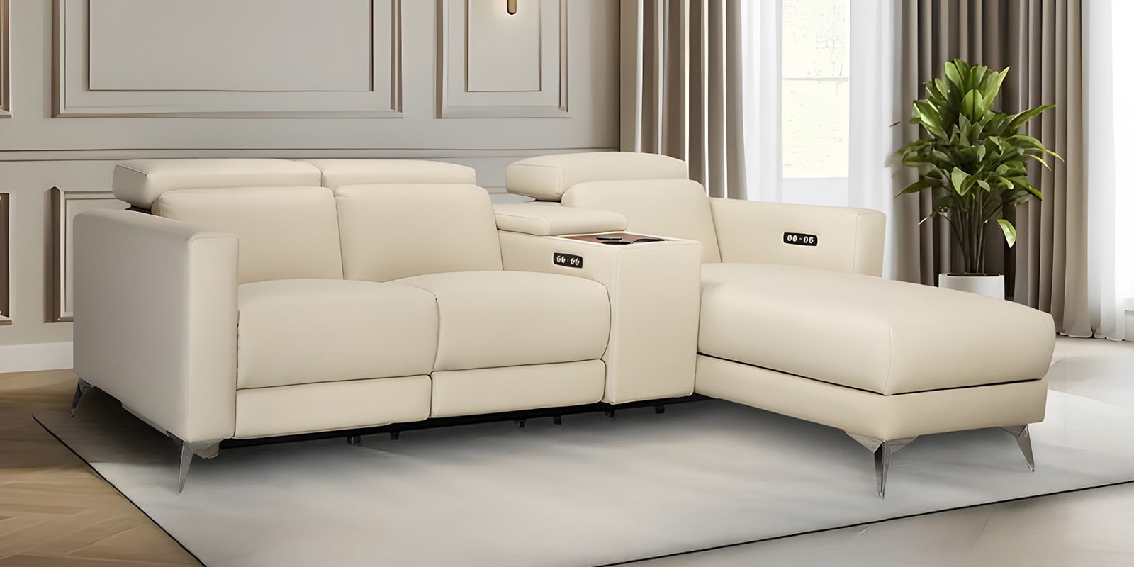 Loures Luxe Two Leatherette Seater Recliner with Lounger in Cream Clour