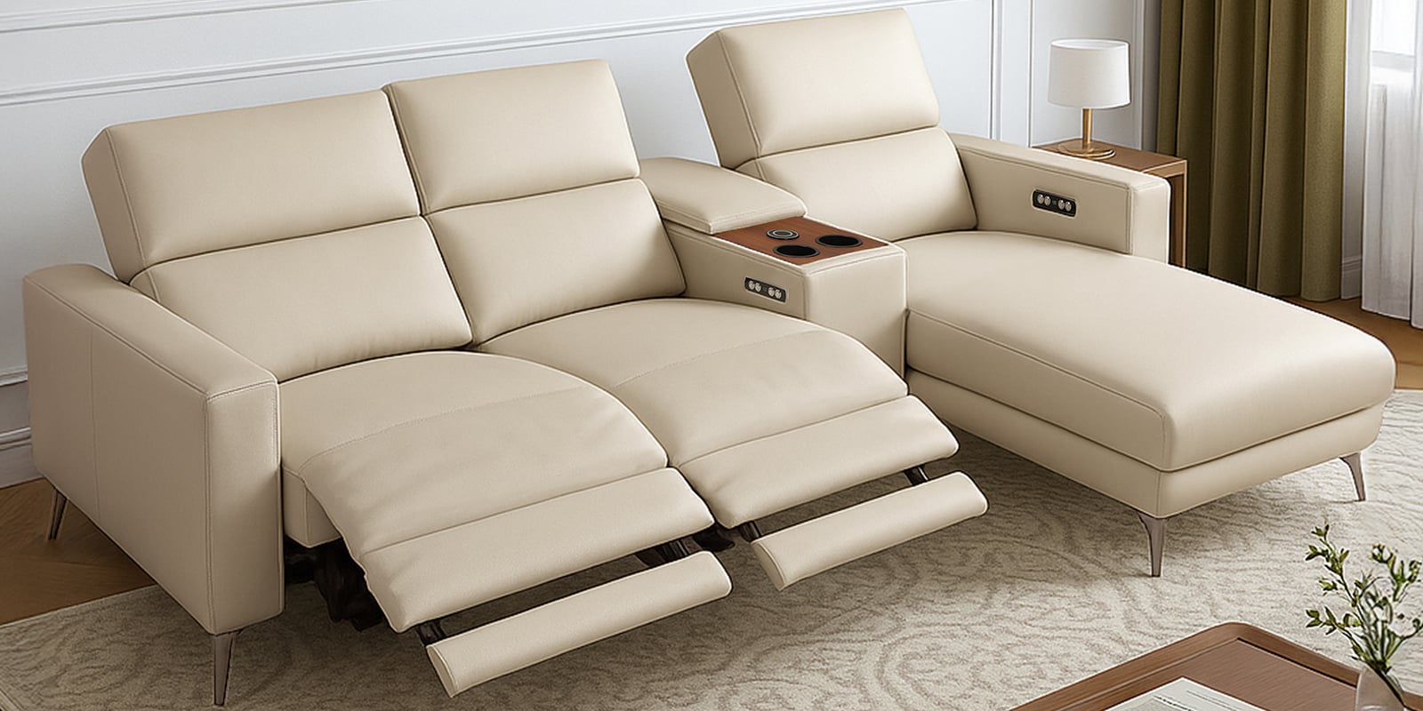 Loures Luxe Two Leatherette Seater Recliner with Lounger in Cream Clour