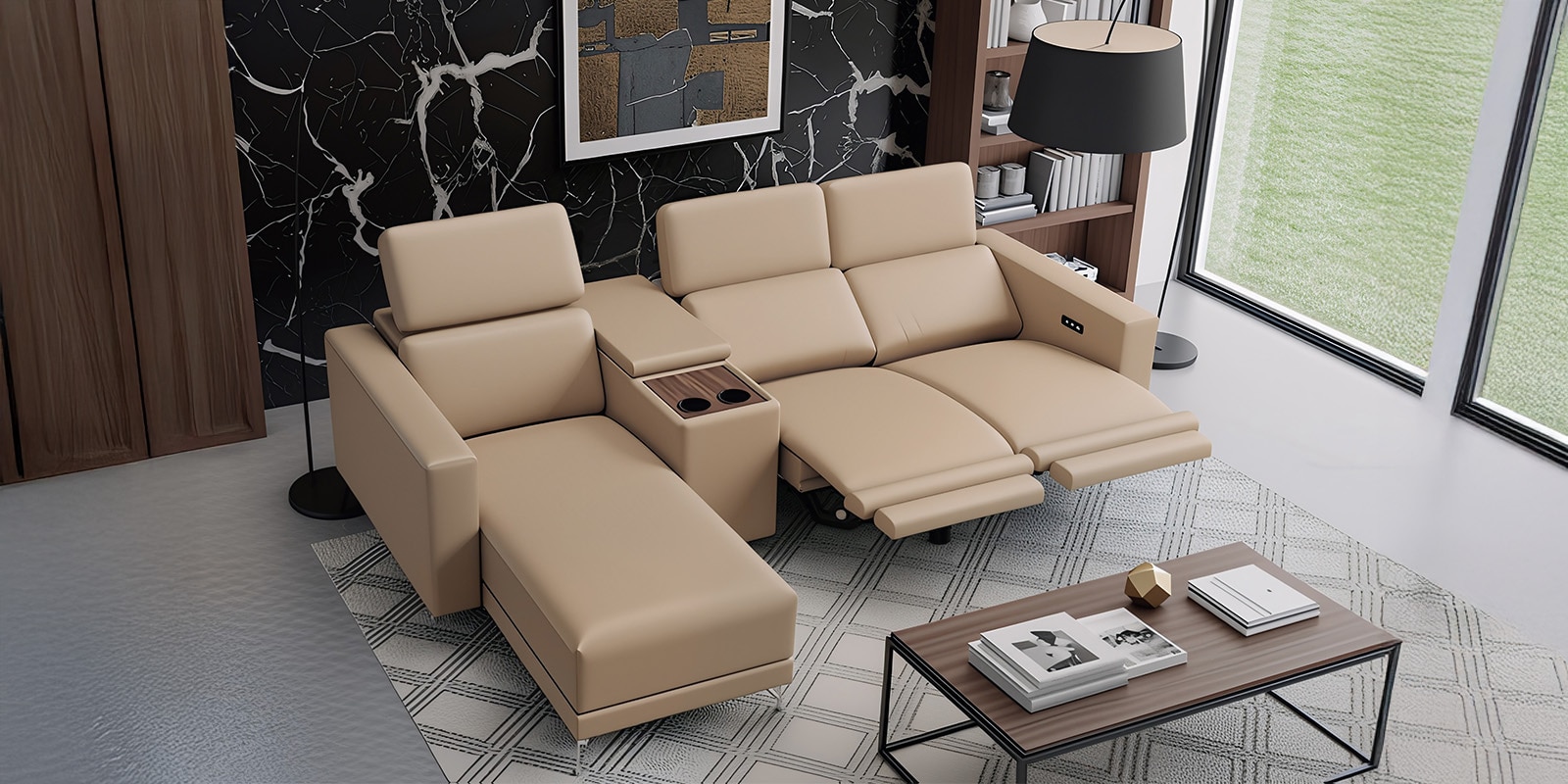 Loures Premium Two Seater Recliner with Lounger in Cream Clour