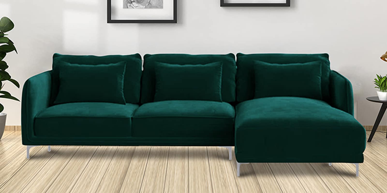 Lovable Velvet Fabric LHS Sectional Sofa In Green Colour Finish