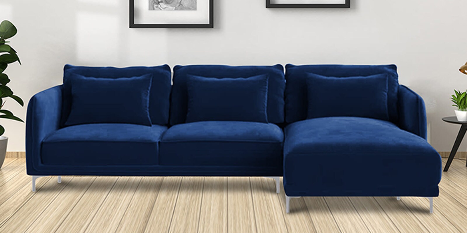 Lovable Velvet Fabric LHS Sectional Sofa In Navy Blue Colour Finish