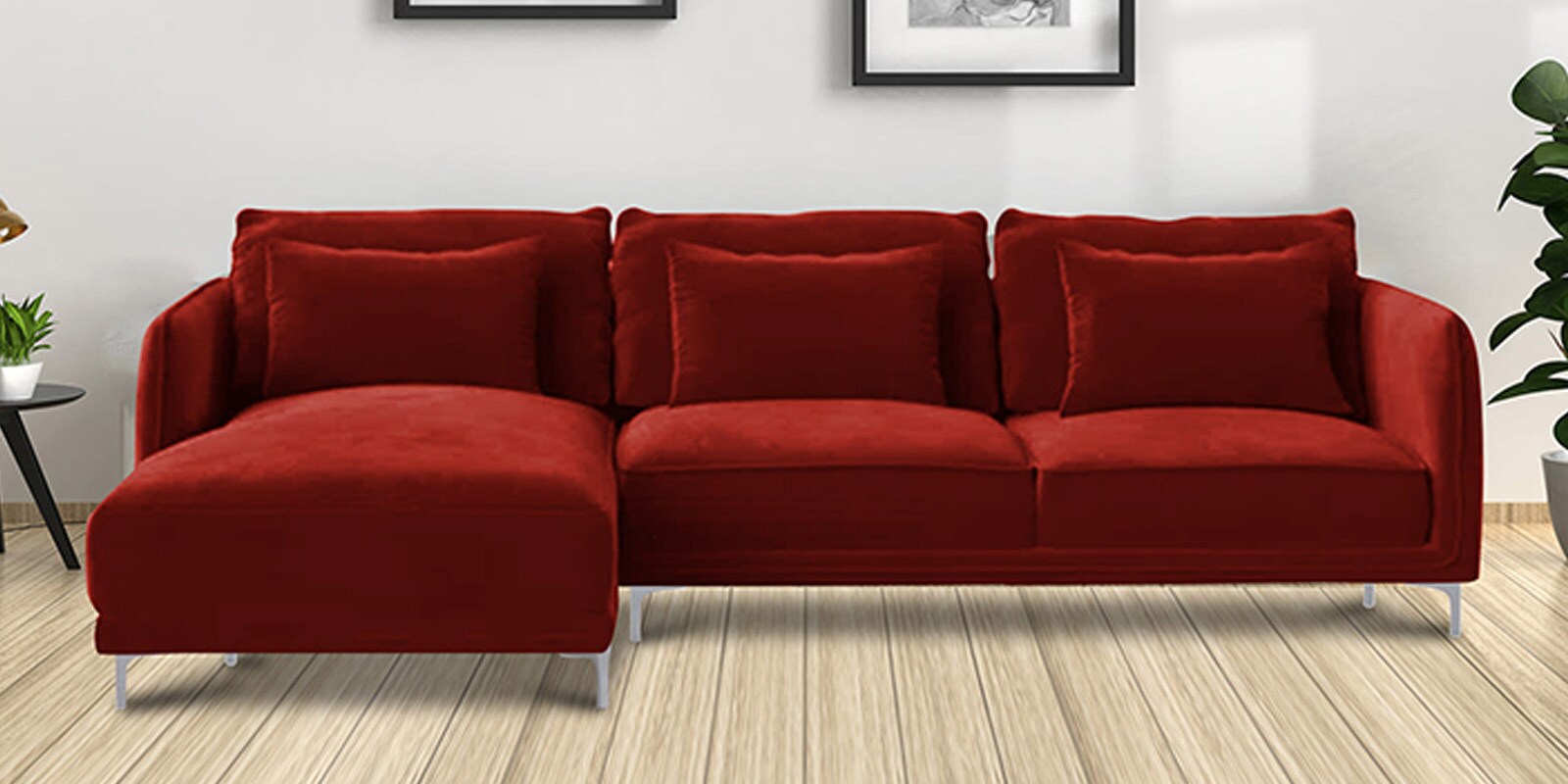 Lovable Velvet Fabric RHS Sectional Sofa In Red Finish