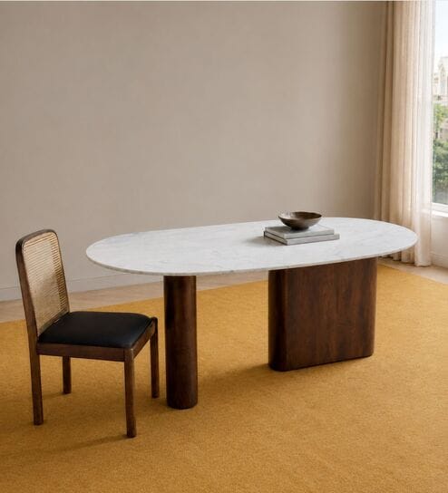 Lok Marble-Top Wooden 6 Seater Dining Table Set In Mango Finish
