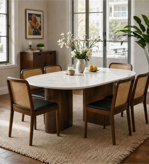 Lok Marble-Top Wooden 6 Seater Dining Table Set In Mango Finish