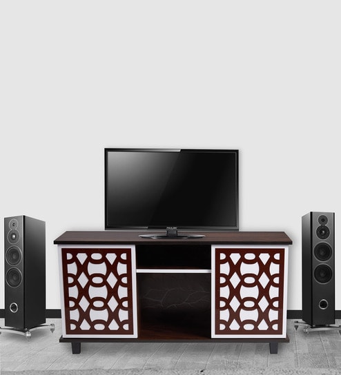 Look Out Two Door TV Console In Brown Teak Finish
