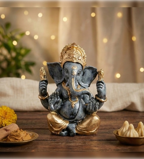 Grey and Golden Lord Ganesha Idol