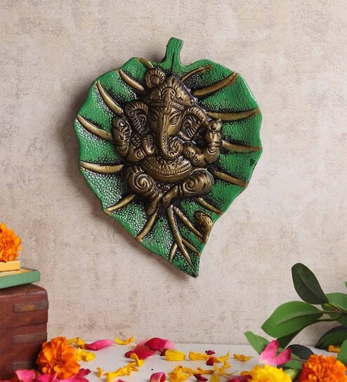 (1Pc) Green Metal Lord Ganesha Idol For Pooja Room, Home Mandir & Spiritual D cor