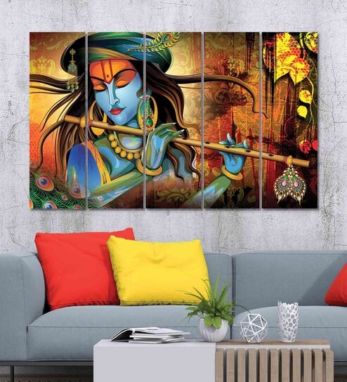 Lord Krishna Multicolour MDF (Set of 5) Art Panels