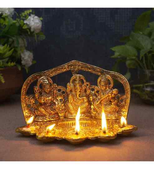 Lord Lakshmi Ganesha Saraswati Idol with attached Diya stand for Home Decor Gift Item Decorative Showpiece