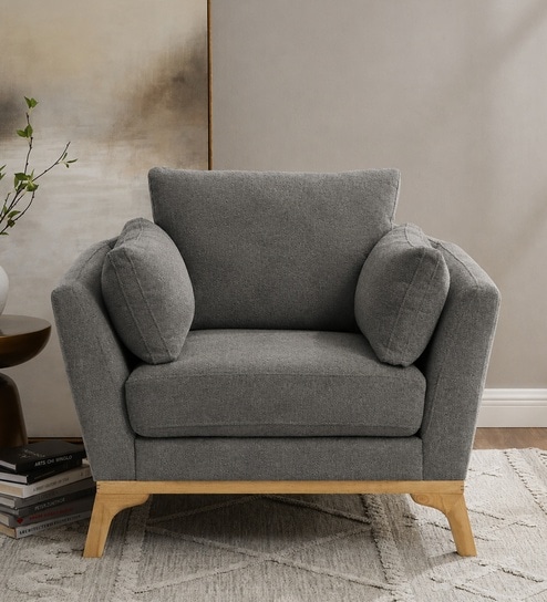 Lorentz Walnut Finish Boucle Fabric Lounge Chair In Grey Colour