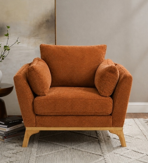 Lorentz Walnut Finish Boucle Fabric Lounge Chair In Orange Colour