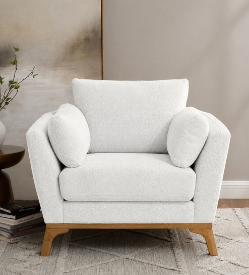 Lorentz Walnut Finish Boucle Fabric Lounge Chair In White Colour