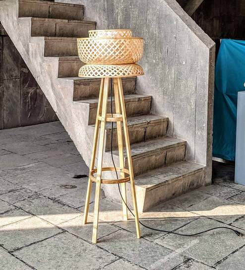 Prato Yellow Bamboo Shade Tripod Floor Lamp With Bamboo Base