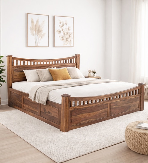 Lotus Sheesham Wood King Size Bed In Provincial Teak Finish With Box Storage