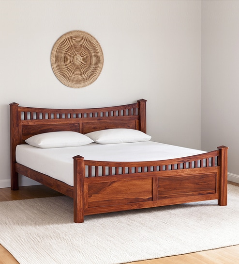 Lotus Sheesham Wood Queen Size Bed In Honey Oak Finish
