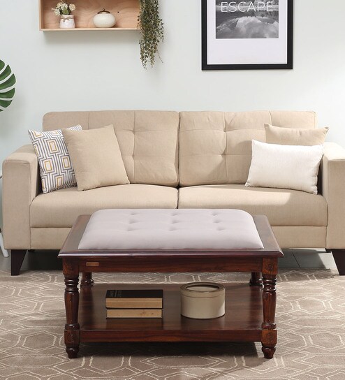 Louis Sheesham Wood Coffee Table In Provincial Teak With Upholstered Top