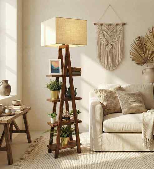 Louise Wooden Shelf Floor Lamp with Wooden Shade & Brown Base