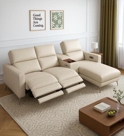 Loures Luxe Two Leatherette Seater Recliner with Lounger in Cream Clour