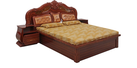 Lotus King Size Hydraulic Bed With Two Side Tables In Rosewood Colour By Royal Oak