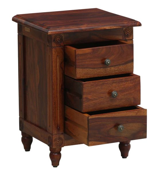 Buy Louis Solid Wood Bed Side Table With Drawers In Honey Oak Finish