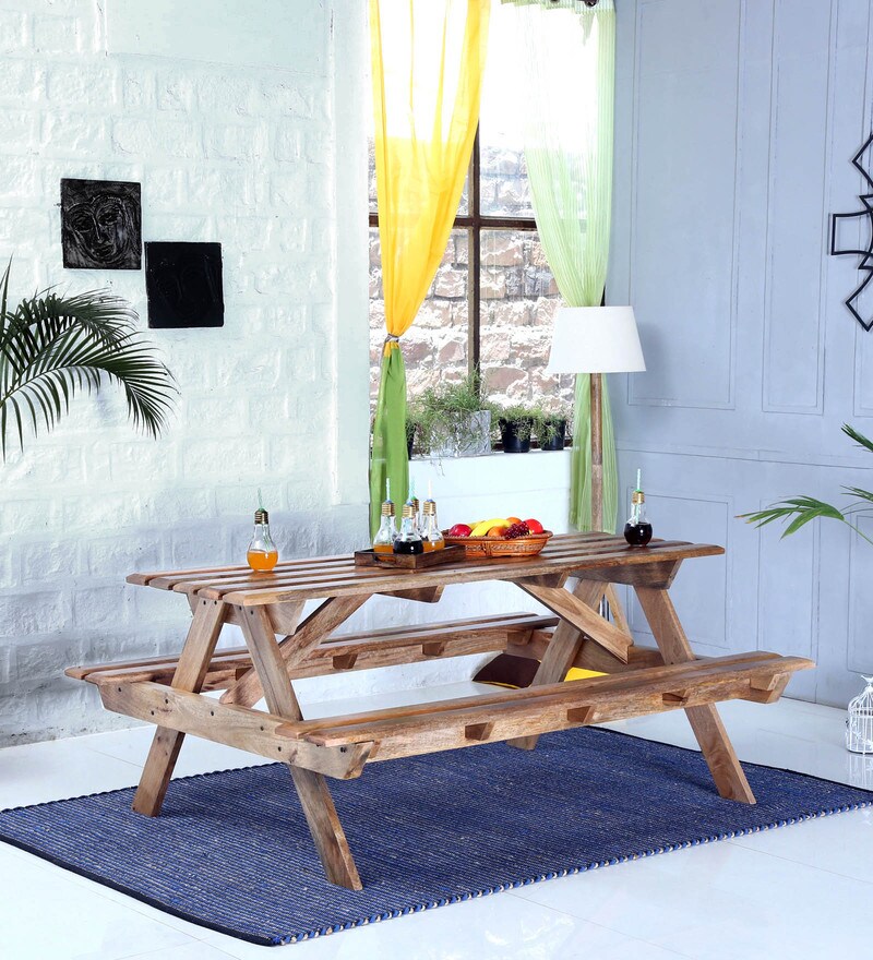 Buy Lomira Solid Wood Six Seater Picnic Table in Natural Mango Wood Finish by Bohemiana Online