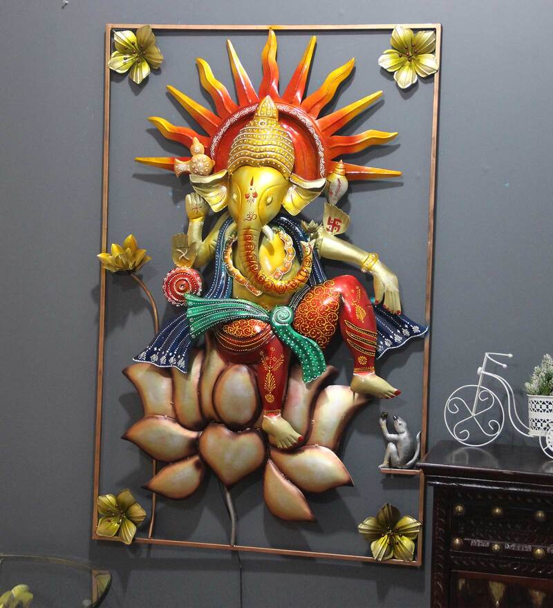Buy Iron Lord Ganesha Wall Art With LED In Yellow By Malik Design