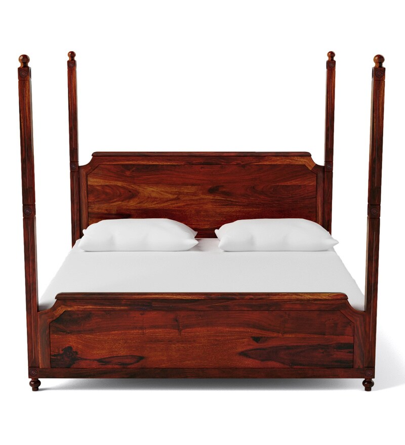 Buy Louis Solid Wood King Size Poster Bed in Honey Oak Finish By