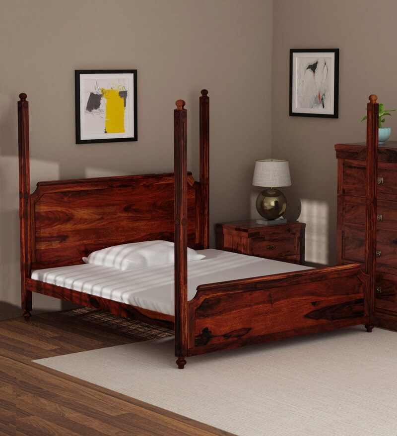 Buy Louis Solid Wood King Size Poster Bed in Honey Oak Finish By