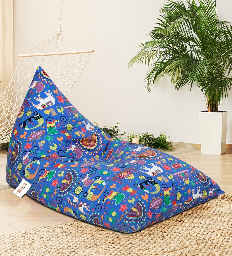 Buy Lounge Pyramid Jumbo Bean Bag with Beans in Blue Indian Print by