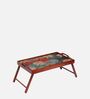 Lotus Print Solid Wood Portable Table in Brown Colour