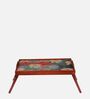 Lotus Print Solid Wood Portable Table in Brown Colour