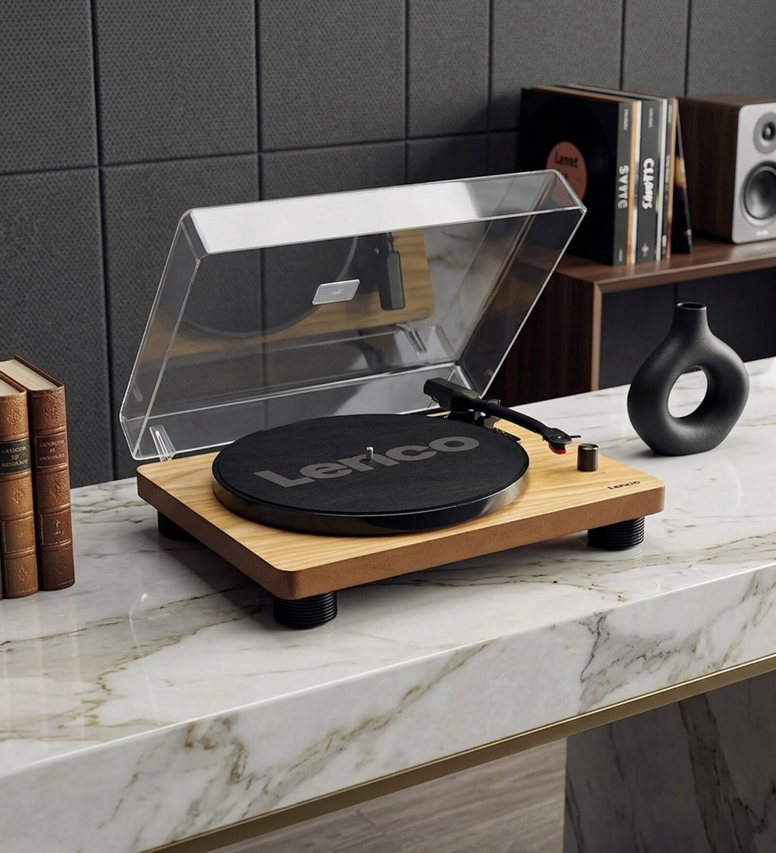LS-300 Turntable Vinyl Record Player with Bluetooth and 2 Separate Speakers, Wooden Finish