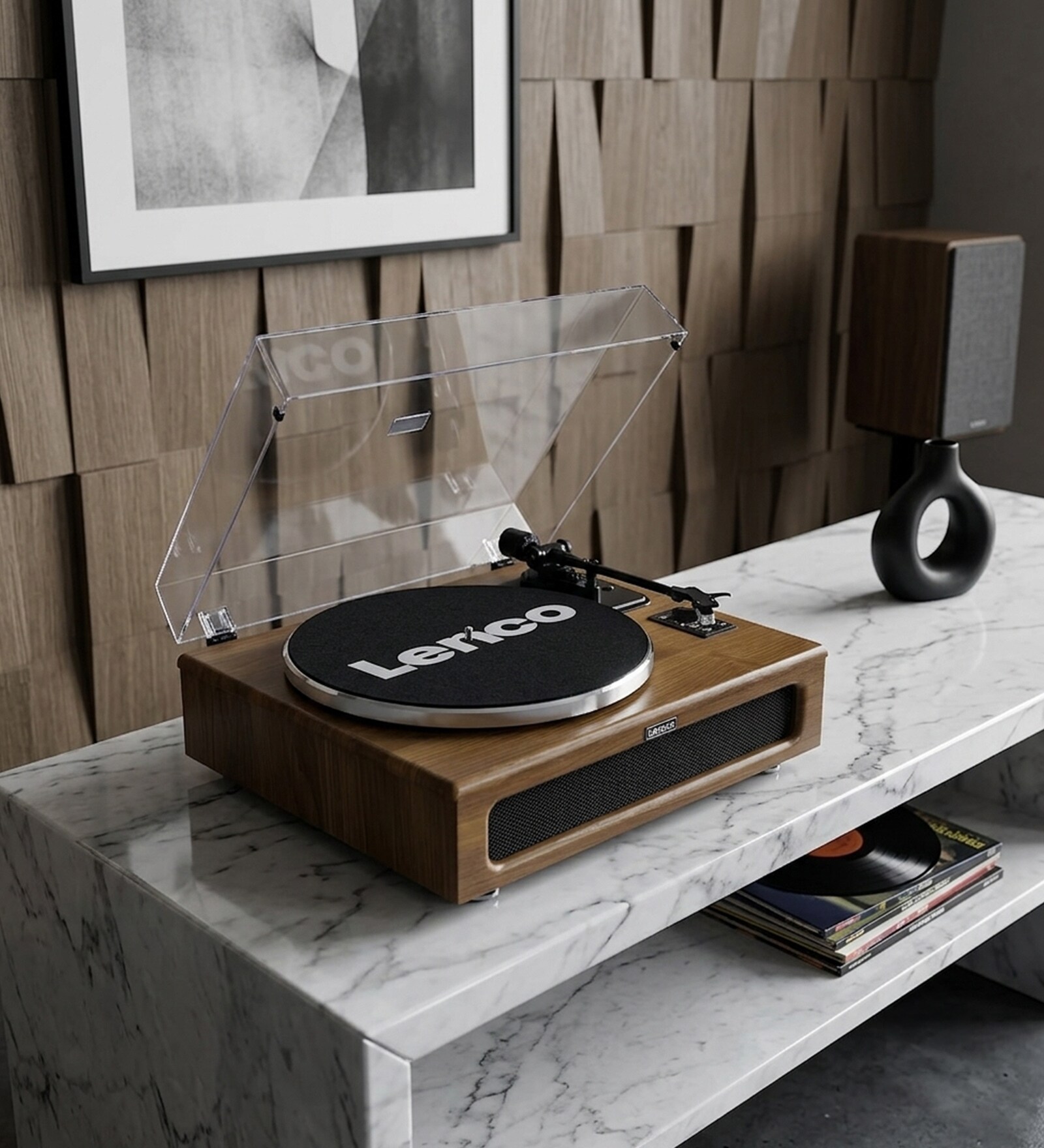 LS-410 Vinyl Record Player with Bluetooth Turntable and 4 Built-In Speakers, Wooden Finish