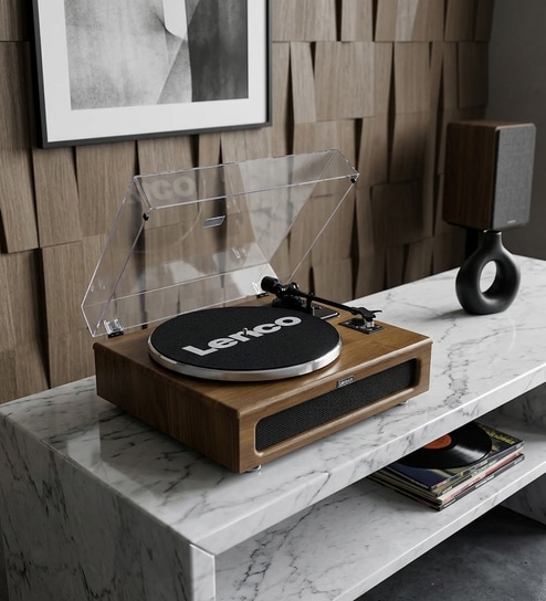 LS-410 Vinyl Record Player with Bluetooth Turntable and 4 Built-In Speakers, Wooden Finish