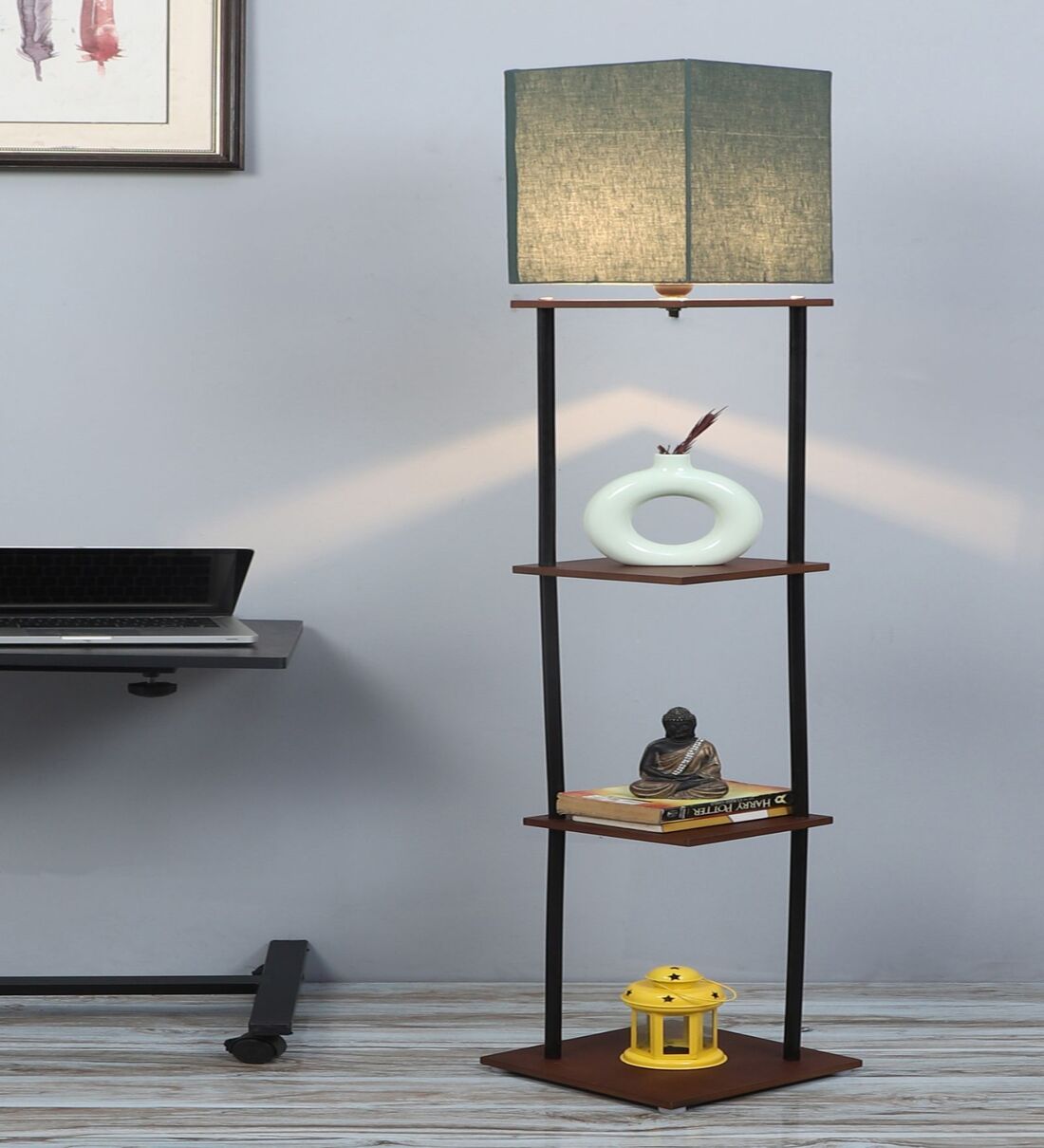 Buy Lumos E-27 Holder Walnut Finish MDF Shelf Floor Lamp with Green ...