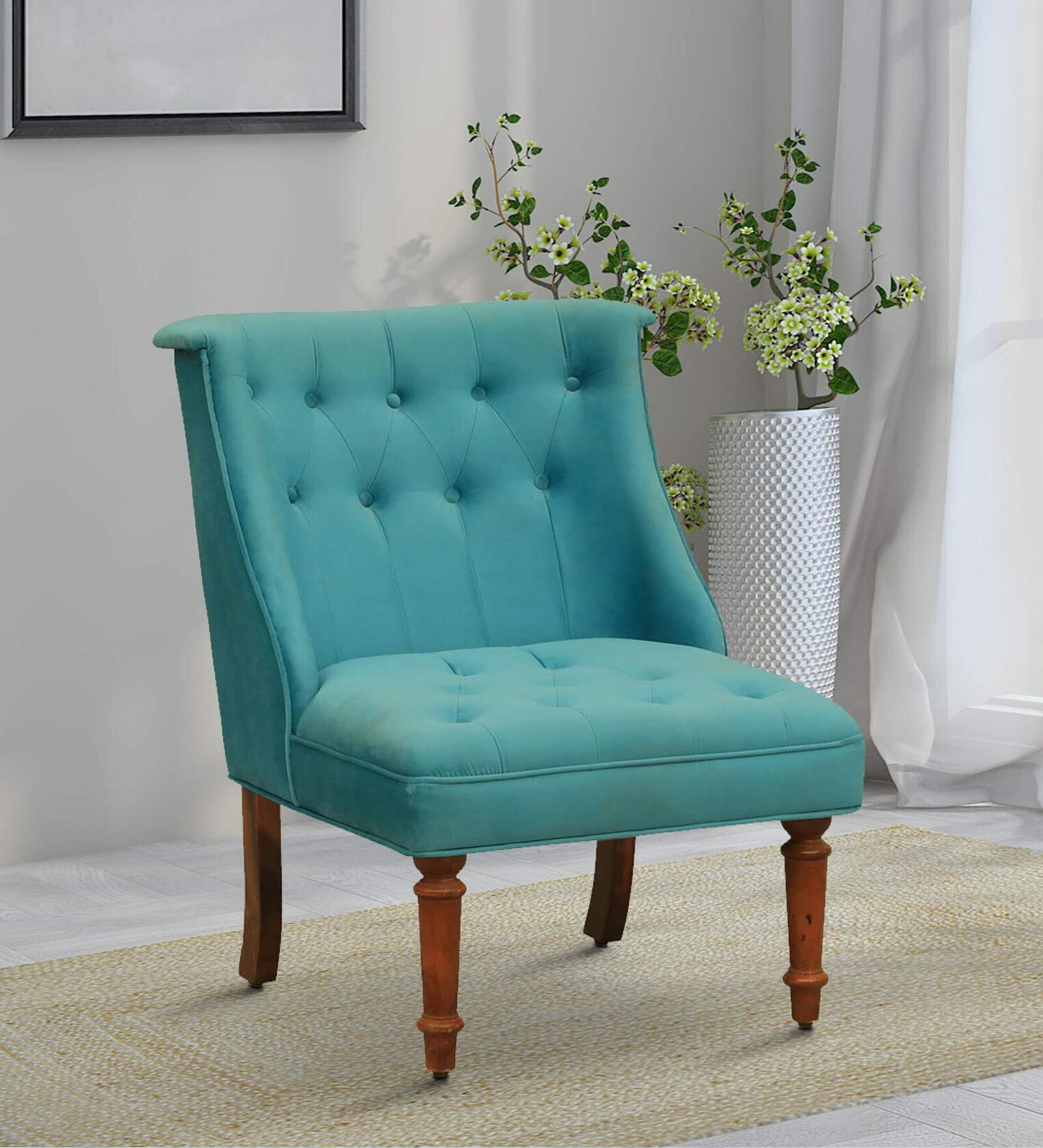 Ludovic Velvet Slipper Chair In Aqua Colour