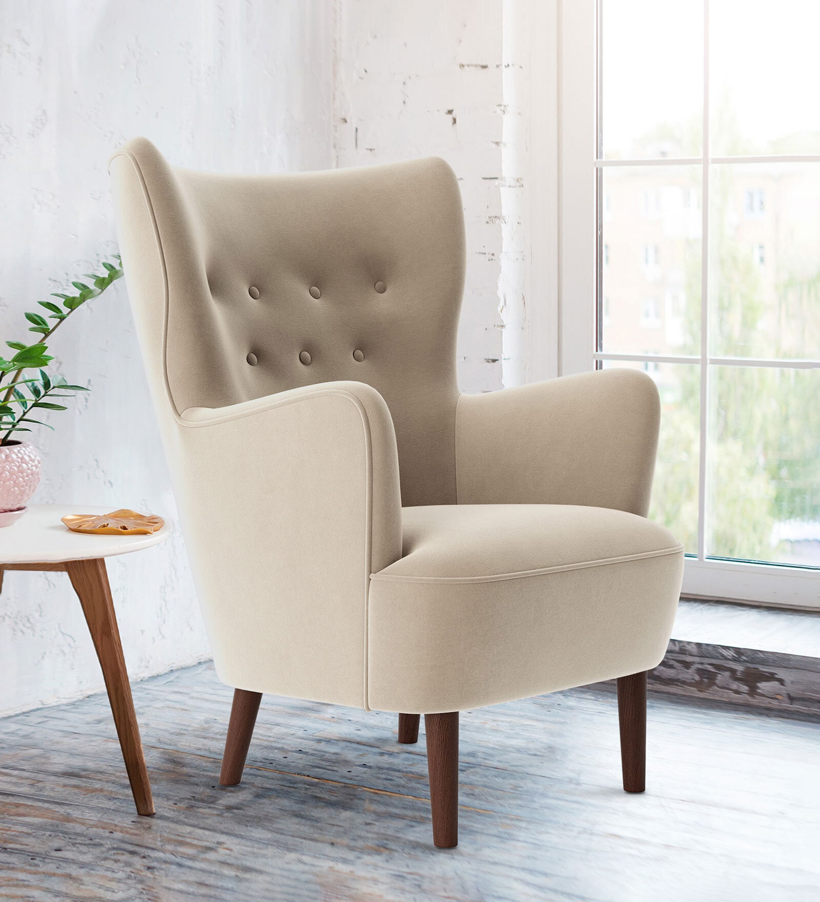 Ludwi Velvet Wing Chair In Beige  Colour