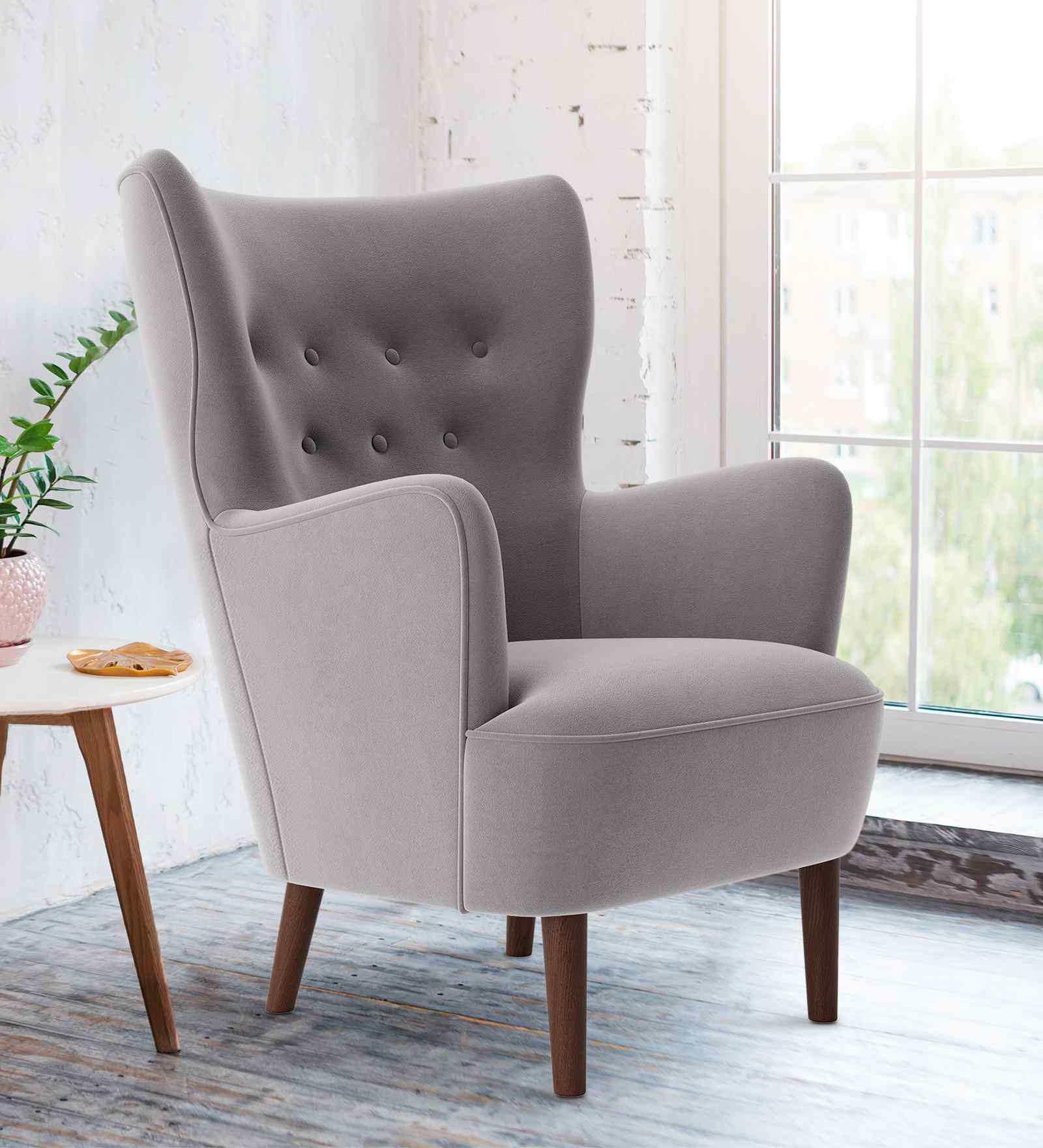 Ludwi Velvet Wing Chair In Grey Colour